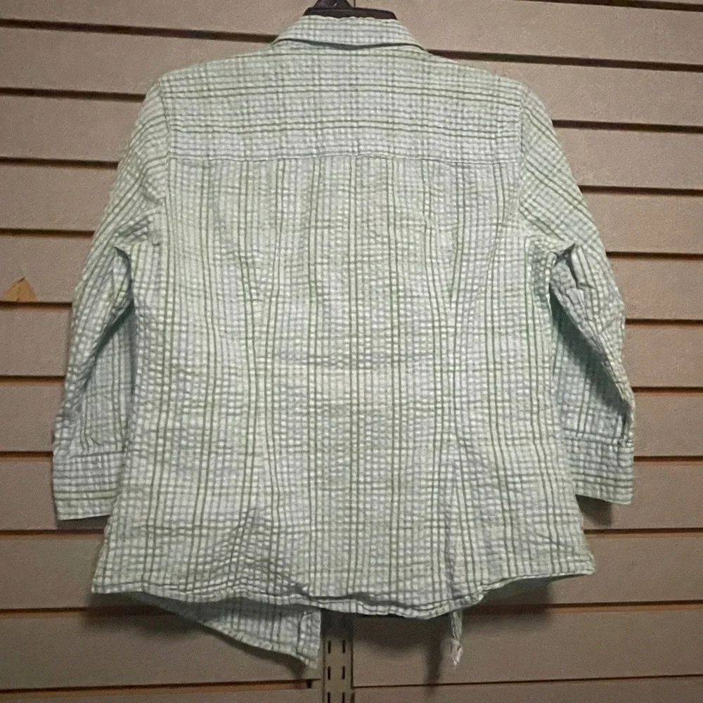 LL Bean Womens Small Green Blue Plaid Seersucker 3/4 Sleeve Button Down Shirt - Picture 4 of 5
